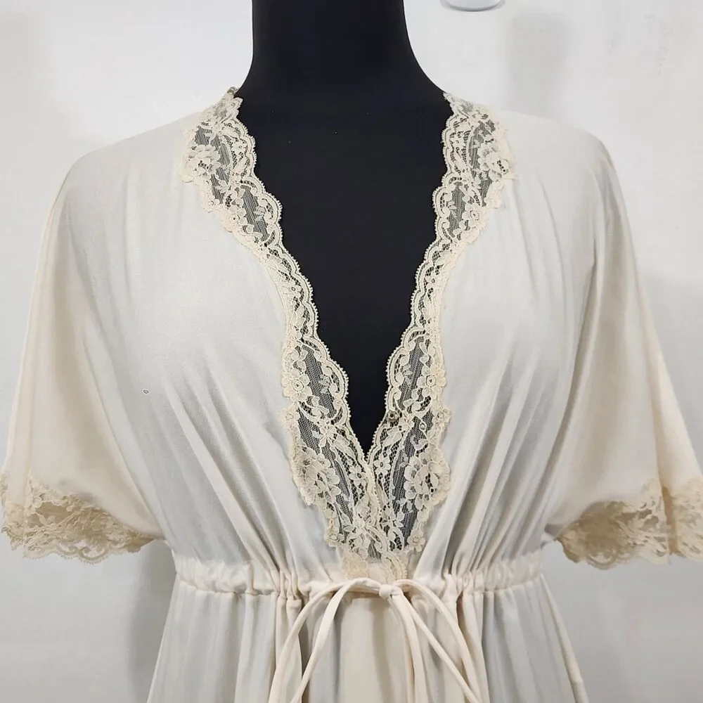 Vintage Shadowline Ivory Nylon Lace Button Front Robe Tie Waist Flare Sleeve SML